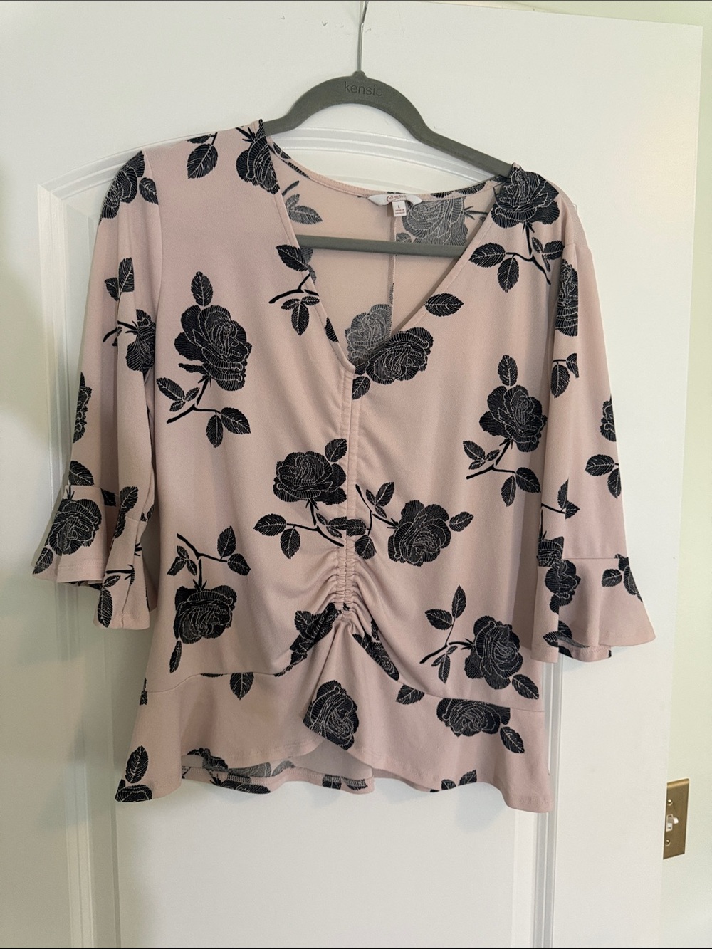 Blush Pink Floral Ruched V-Neck Blouse